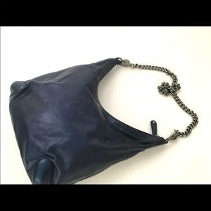 Authentic, Gucci, blue, hobo bag, with gunmetal chain and emblem detail.